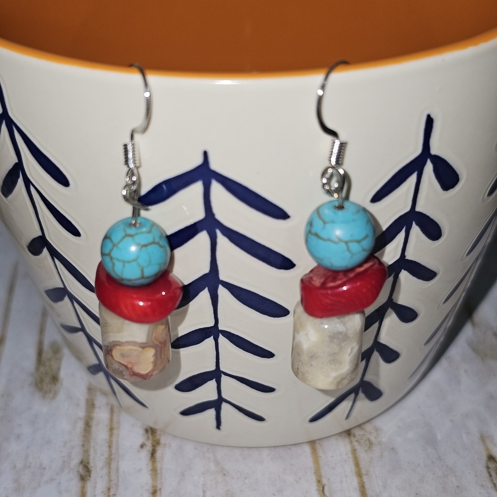 Real Turquoise, Real Red Coral WithNatural Stone Dangle Earring